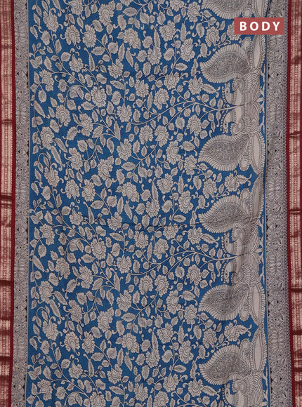 Muslin silk saree cs blue and maroon with allover kalamkari prints and zari woven border