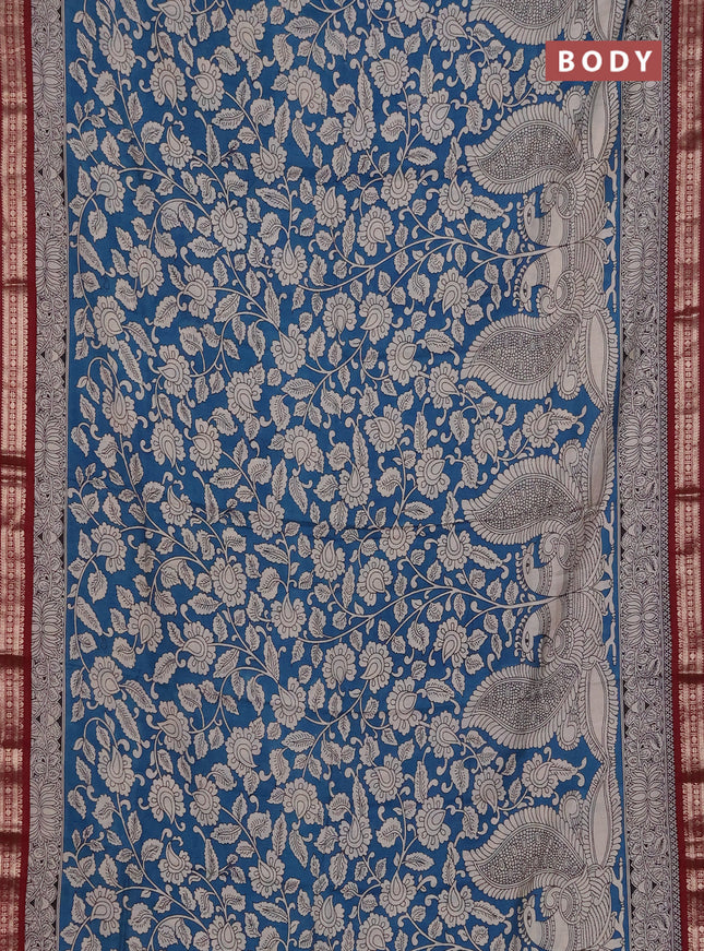 Muslin silk saree cs blue and maroon with allover kalamkari prints and zari woven border