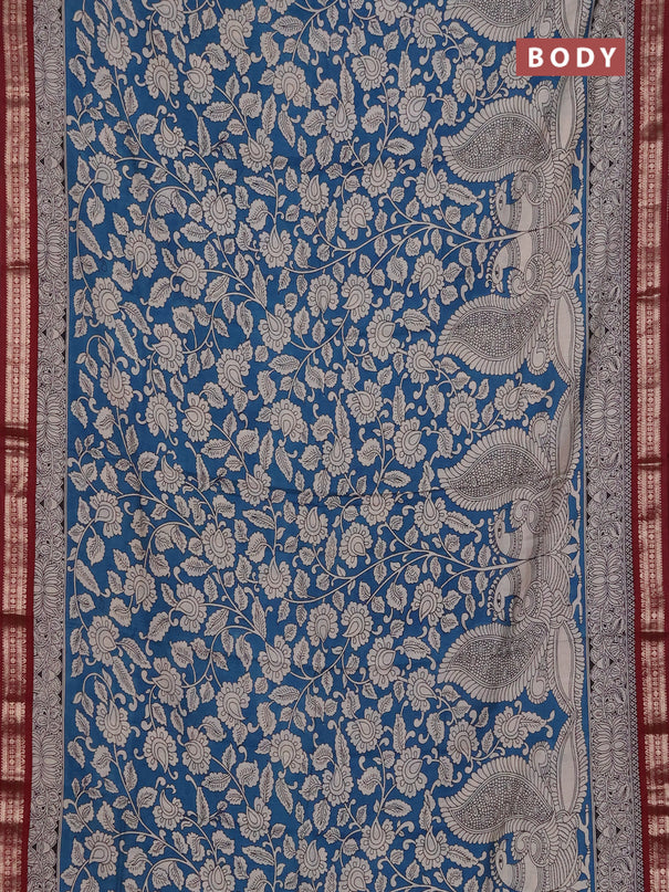 Muslin silk saree cs blue and maroon with allover kalamkari prints and zari woven border