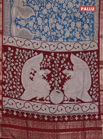 Muslin silk saree cs blue and maroon with allover kalamkari prints and zari woven border