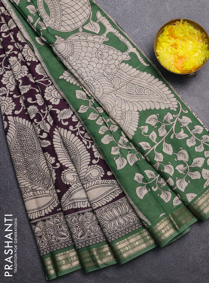 Muslin silk saree deep jamun and green with allover kalamkari prints and zari woven border