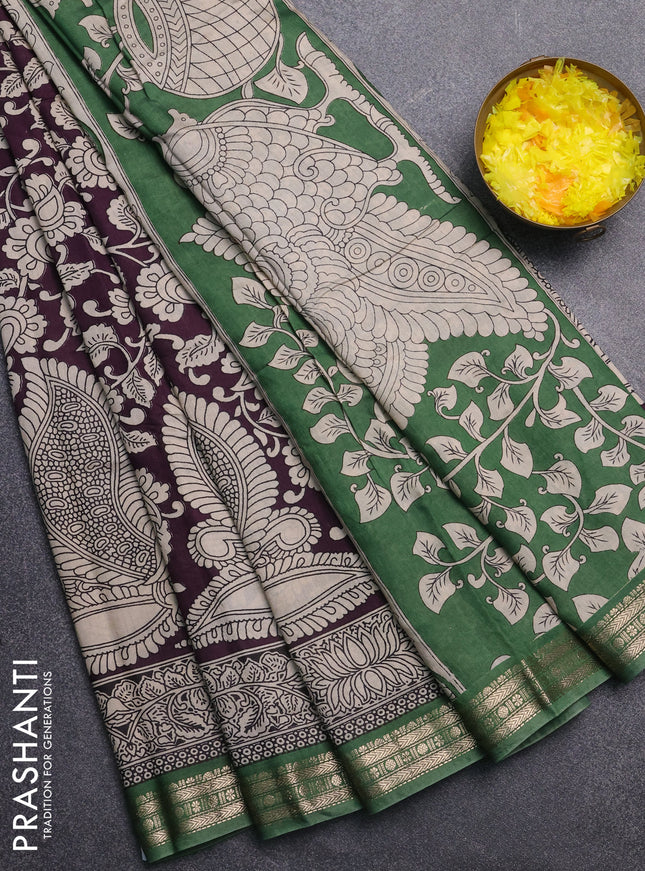 Muslin silk saree deep jamun and green with allover kalamkari prints and zari woven border