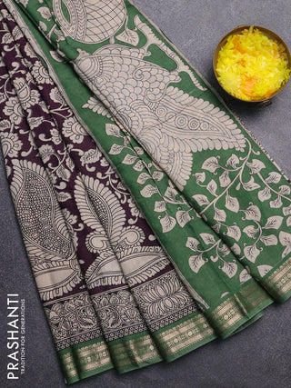 Muslin silk saree deep jamun and green with allover kalamkari prints and zari woven border