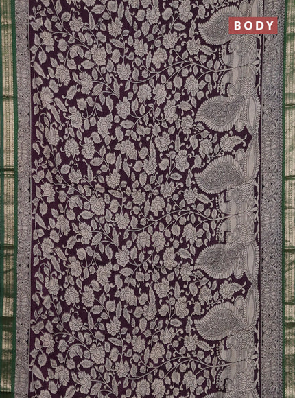 Muslin silk saree deep jamun and green with allover kalamkari prints and zari woven border