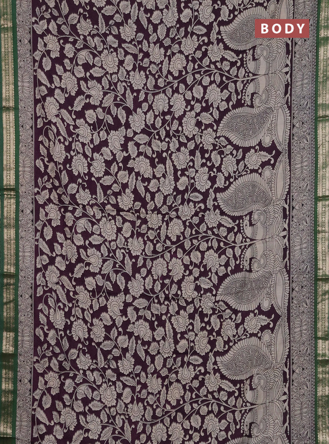 Muslin silk saree deep jamun and green with allover kalamkari prints and zari woven border