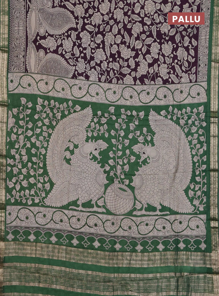 Muslin silk saree deep jamun and green with allover kalamkari prints and zari woven border