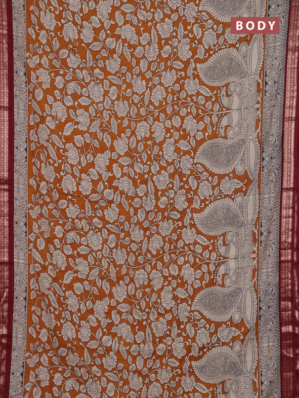 Muslin silk saree dark mustard and maroon with allover kalamkari prints and zari woven border