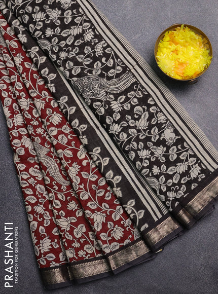 Muslin silk saree deep maroon and black with allover kalamkari prints and zari woven border