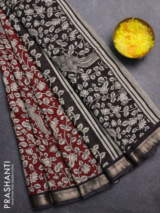 Muslin silk saree deep maroon and black with allover kalamkari prints and zari woven border