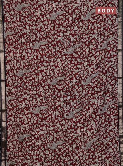 Muslin silk saree deep maroon and black with allover kalamkari prints and zari woven border