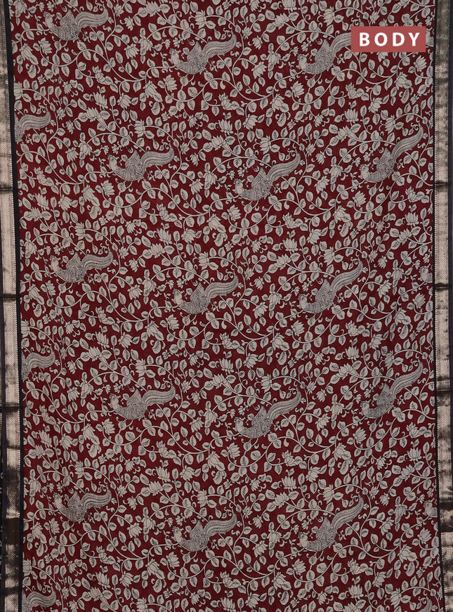 Muslin silk saree deep maroon and black with allover kalamkari prints and zari woven border