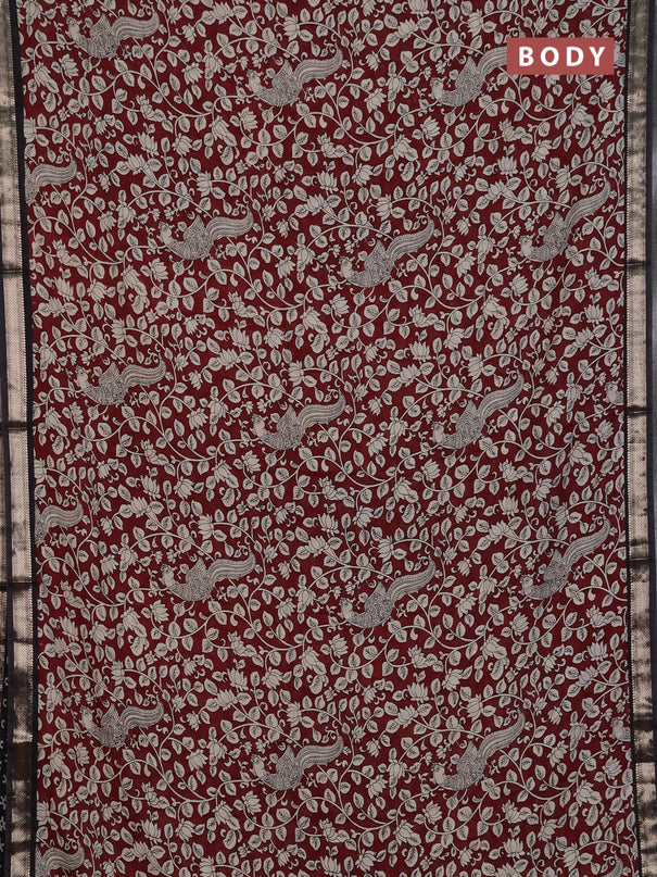 Muslin silk saree deep maroon and black with allover kalamkari prints and zari woven border