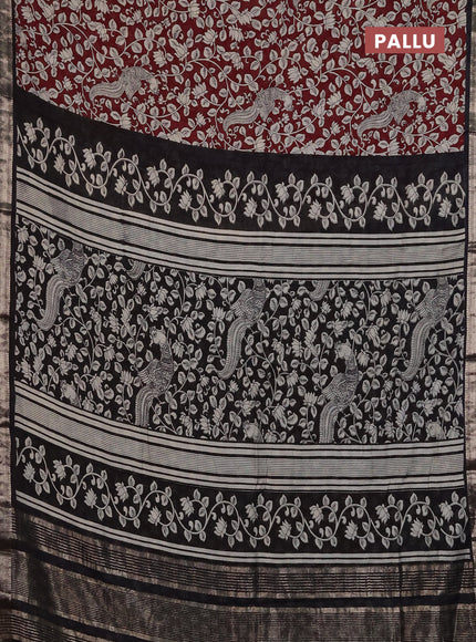 Muslin silk saree deep maroon and black with allover kalamkari prints and zari woven border