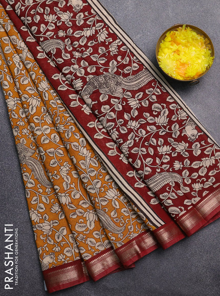 Muslin silk saree mustard yellow and maroon with allover kalamkari prints and zari woven border