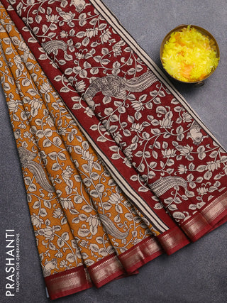 Muslin silk saree mustard yellow and maroon with allover kalamkari prints and zari woven border
