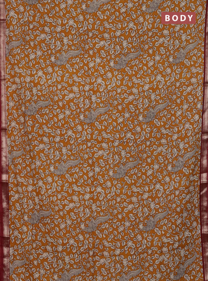 Muslin silk saree mustard yellow and maroon with allover kalamkari prints and zari woven border
