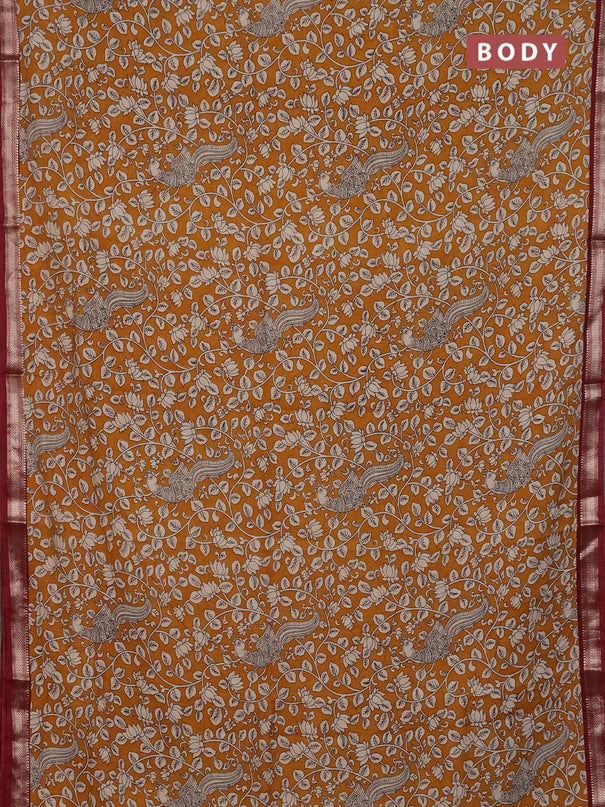 Muslin silk saree mustard yellow and maroon with allover kalamkari prints and zari woven border