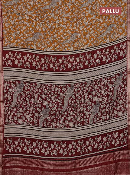 Muslin silk saree mustard yellow and maroon with allover kalamkari prints and zari woven border