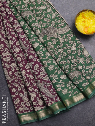 Muslin silk saree wine shade and green with allover kalamkari prints and zari woven border