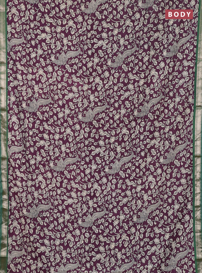 Muslin silk saree wine shade and green with allover kalamkari prints and zari woven border