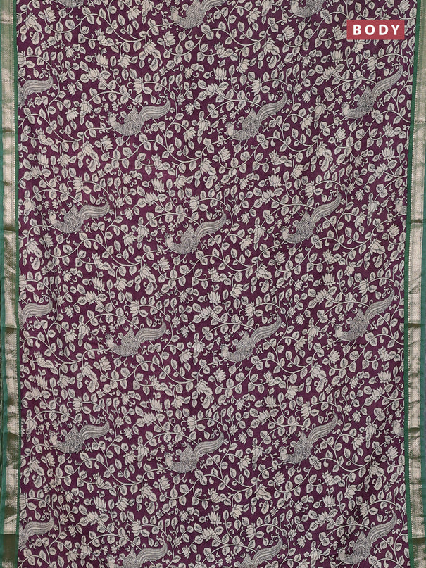 Muslin silk saree wine shade and green with allover kalamkari prints and zari woven border