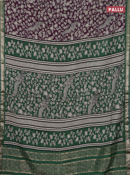 Muslin silk saree wine shade and green with allover kalamkari prints and zari woven border