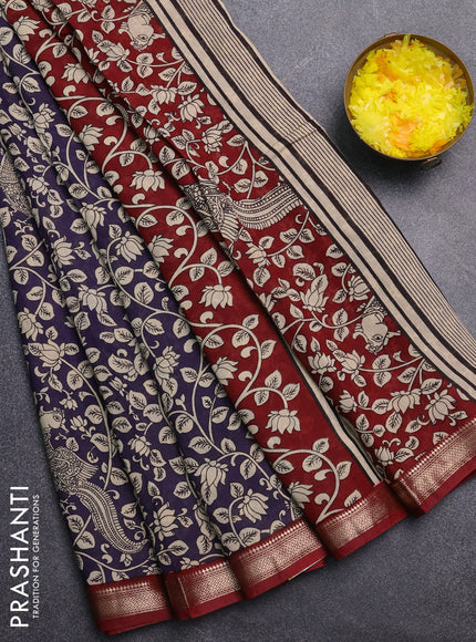 Muslin silk saree deep violet and maroon with allover kalamkari prints and zari woven border