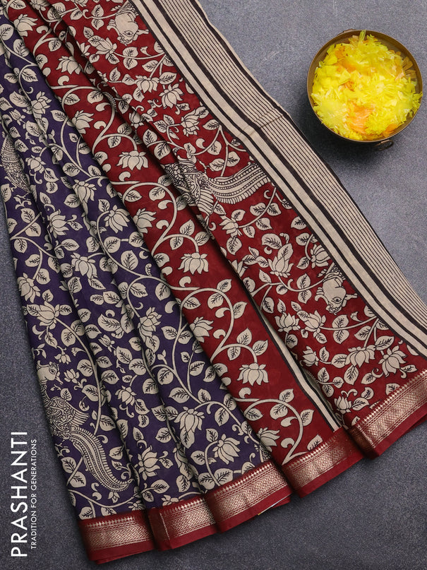 Muslin silk saree deep violet and maroon with allover kalamkari prints and zari woven border
