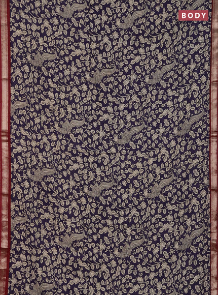 Muslin silk saree deep violet and maroon with allover kalamkari prints and zari woven border