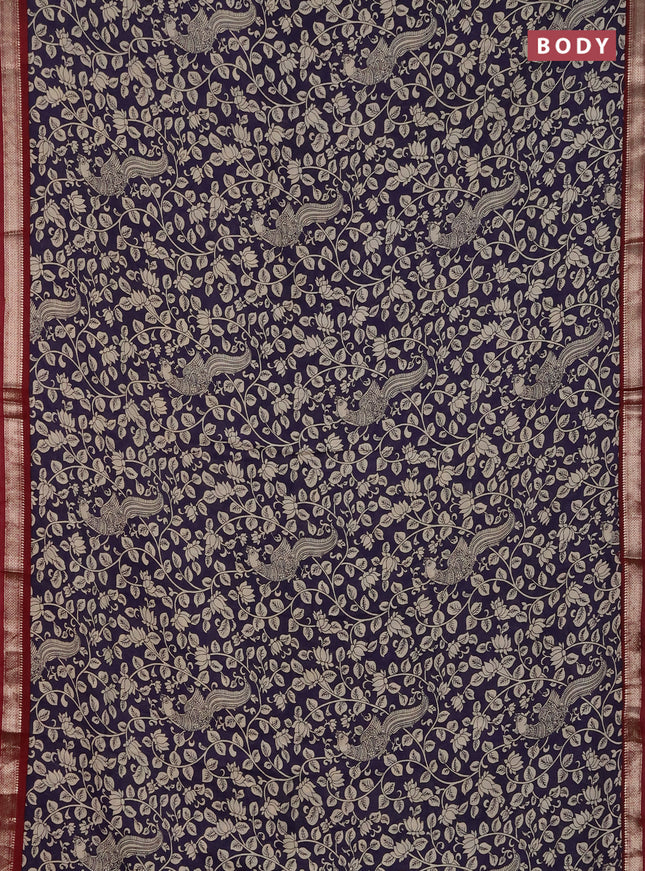 Muslin silk saree deep violet and maroon with allover kalamkari prints and zari woven border