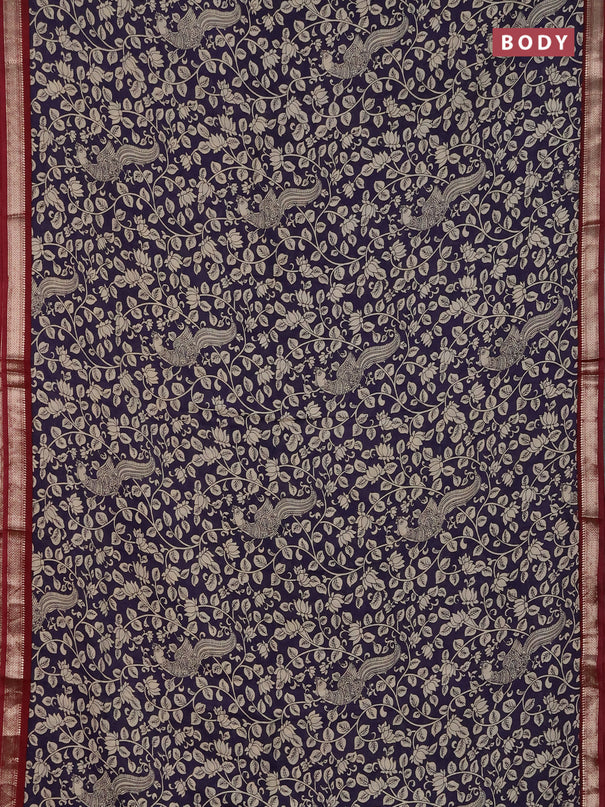 Muslin silk saree deep violet and maroon with allover kalamkari prints and zari woven border