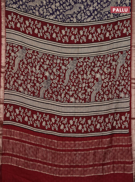 Muslin silk saree deep violet and maroon with allover kalamkari prints and zari woven border