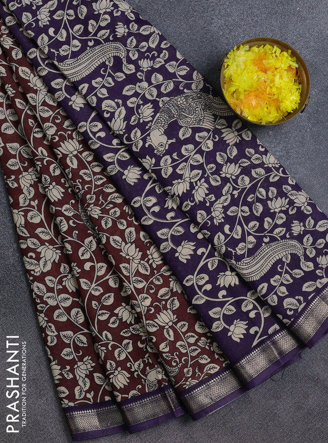 Muslin silk saree coffee brown and violet with allover kalamkari prints and zari woven border