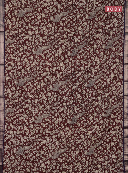 Muslin silk saree coffee brown and violet with allover kalamkari prints and zari woven border