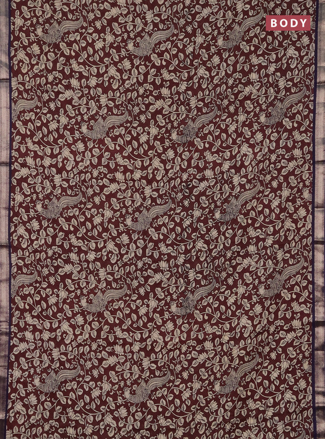 Muslin silk saree coffee brown and violet with allover kalamkari prints and zari woven border