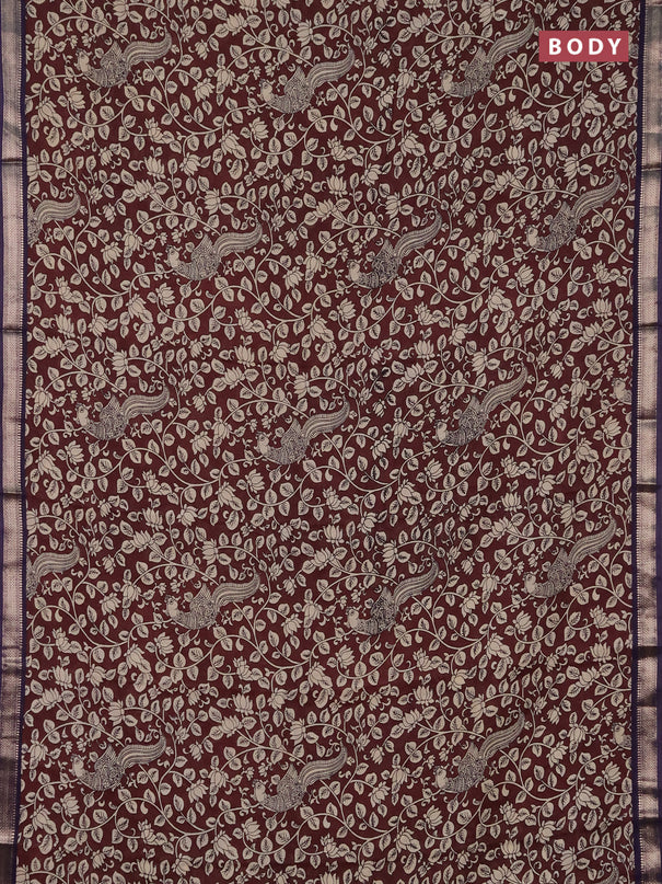 Muslin silk saree coffee brown and violet with allover kalamkari prints and zari woven border