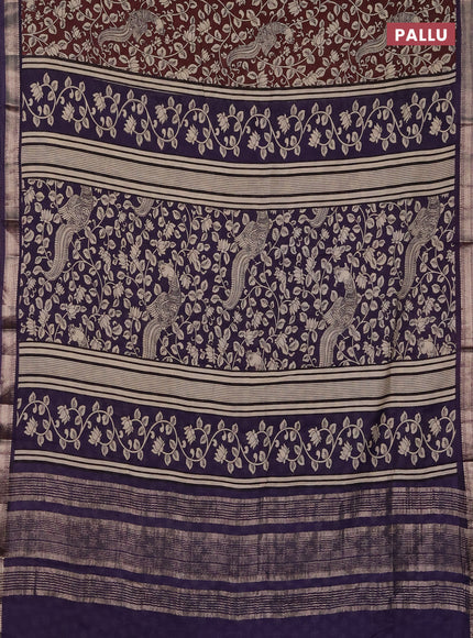 Muslin silk saree coffee brown and violet with allover kalamkari prints and zari woven border