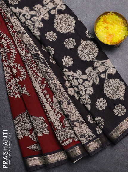 Muslin silk saree deep maroon and black with allover kalamkari prints and zari woven border