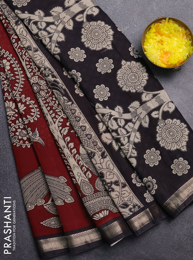 Muslin silk saree deep maroon and black with allover kalamkari prints and zari woven border