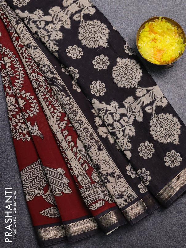 Muslin silk saree deep maroon and black with allover kalamkari prints and zari woven border