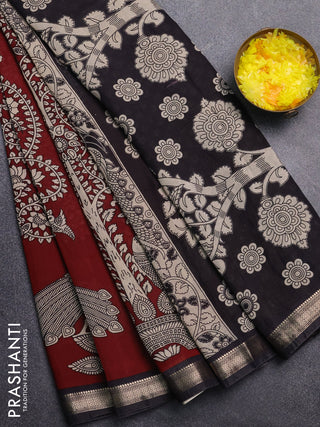 Muslin silk saree deep maroon and black with allover kalamkari prints and zari woven border