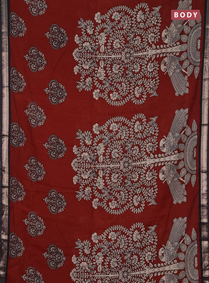 Muslin silk saree deep maroon and black with allover kalamkari prints and zari woven border