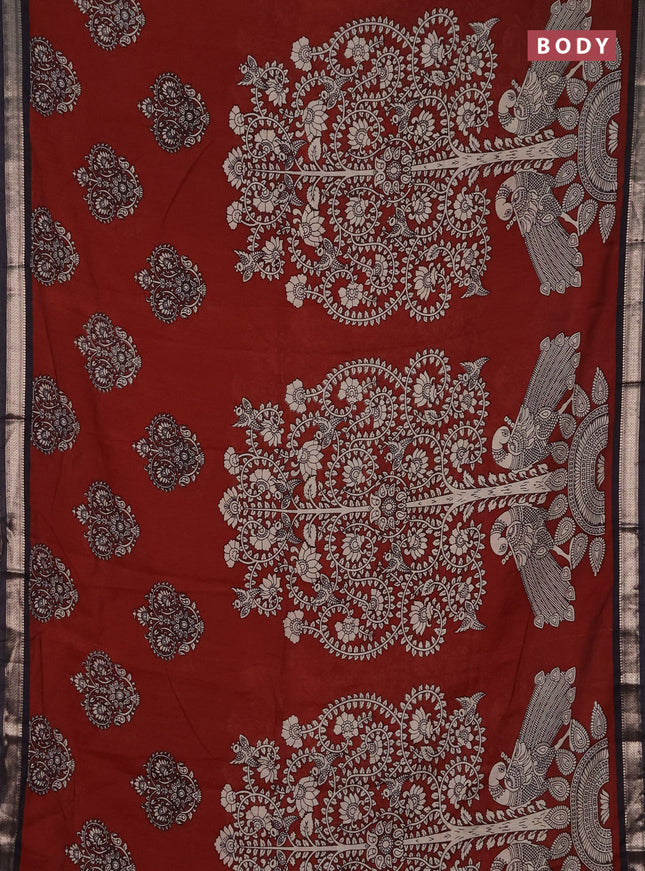 Muslin silk saree deep maroon and black with allover kalamkari prints and zari woven border