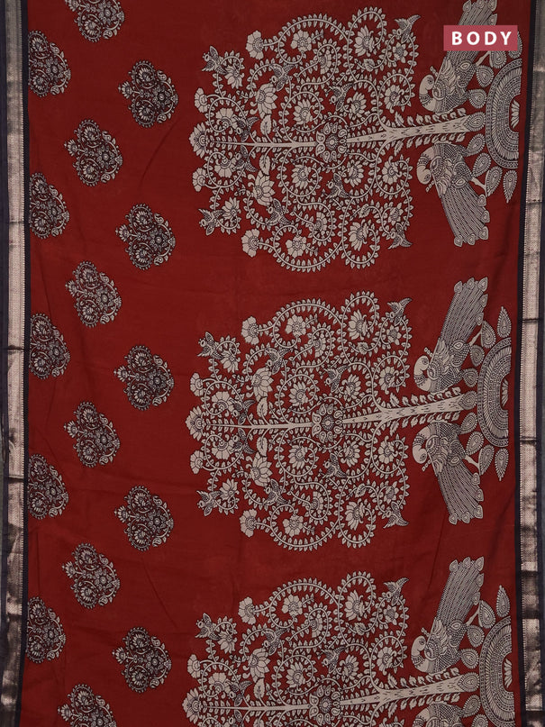 Muslin silk saree deep maroon and black with allover kalamkari prints and zari woven border