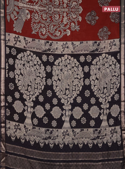 Muslin silk saree deep maroon and black with allover kalamkari prints and zari woven border