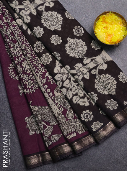 Muslin silk saree wine shade and black with allover kalamkari prints and zari woven border