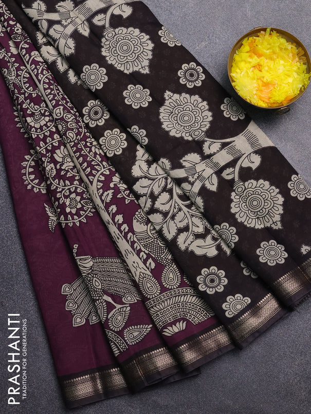Muslin silk saree wine shade and black with allover kalamkari prints and zari woven border