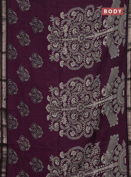 Muslin silk saree wine shade and black with allover kalamkari prints and zari woven border