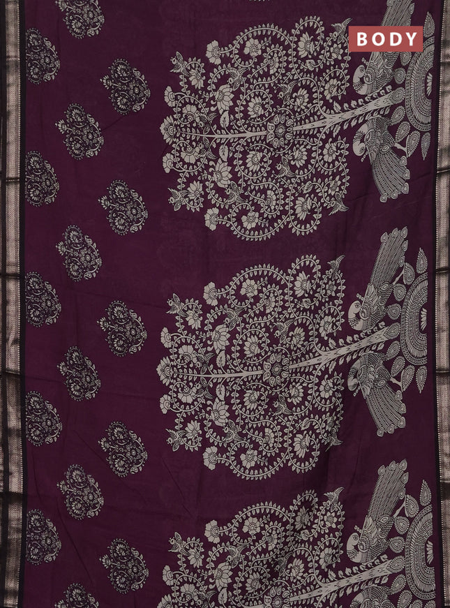 Muslin silk saree wine shade and black with allover kalamkari prints and zari woven border