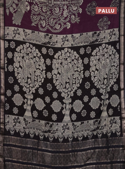 Muslin silk saree wine shade and black with allover kalamkari prints and zari woven border